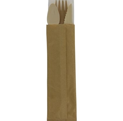 Sachet Couverts Bois 4/1 (Couteau+Fourchette+Cuillere 125+Serv) Sachet Papier *250